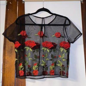 Sheer Rose Embroidered Top Size L